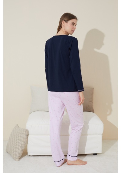 Siyah İnci Pamuklu Örme Pijama Takım 24240096 Lacivert