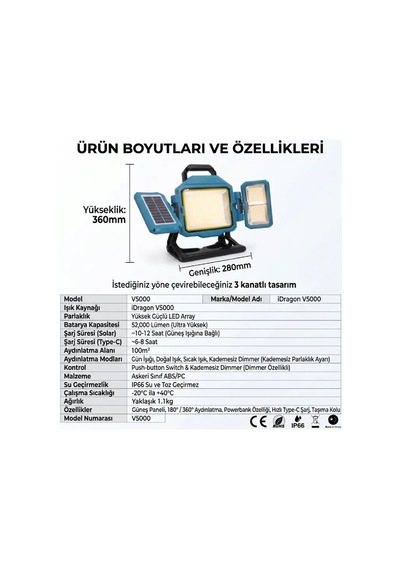 İdragon V5000 Güneş Enerjili Katlanabilir Solar Led Projektör- 16500mah Powerbankli, Kademesiz Dimmer Ayarlı, Ip66 Su Geçirmez Şantiye, Çalışma & Kamp Işığı