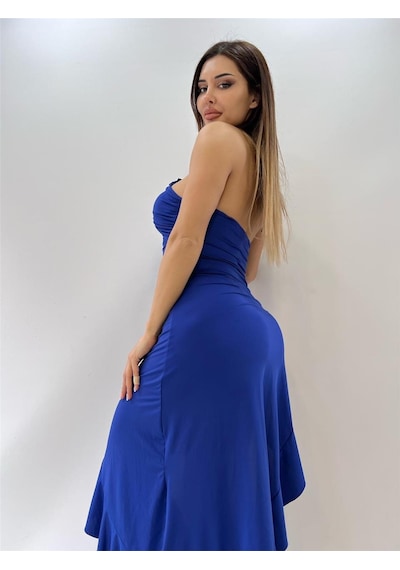 Pink Life Saks Mavi Backless Halter Ruffles Gül Detaylı Midi Elbise-saks Mavi