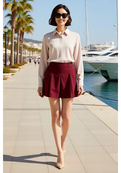 Benerly Kadın A-line Mini Etek %100 Pamuk Gabardin Pili Detaylı Normal Be Bordo