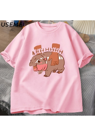 Flood Of Style Moo Deng Meme T Shirt Komik I Love Moo Deng Tee Hippo Sevgilisi T-shirt Pamuk Kısa Kol Pembe