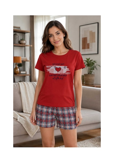 Tenra Kadın Şortlu Pijama Takımı Kırmızı %100 Pamuk