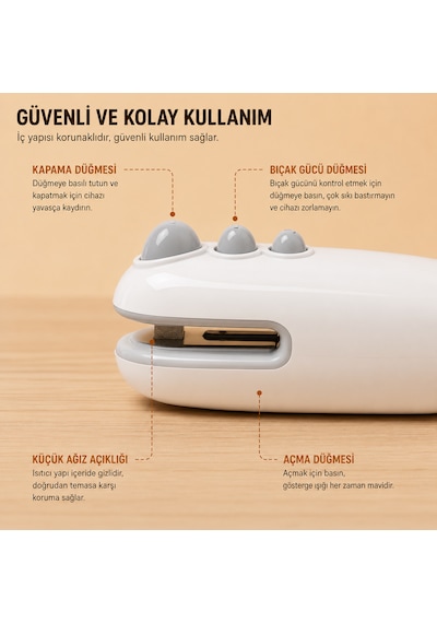 Taşınabilir Mini Poşet Kapatma Ve Kesme Makinesi 2'si 1 Arada Type-c Şarjlı Isı İle Paketleme Cihazı Bej