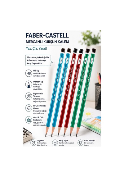 Siyah Kurşun Kalem Mercanlı 6 Adet Faber Castell Mercanlı Kurşun Tahta Kalem Hb Orta Dereceli Öğrenci Kalemi Okul Çok Renkli