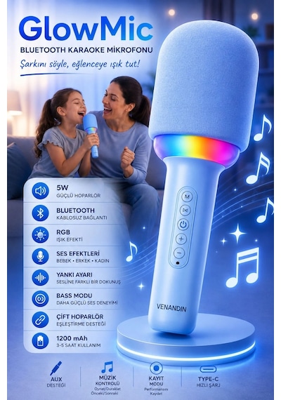Exenar - Mavi - Kablosuz Bluetooth Karaoke Mikrofonu 5w Rgb Işıklı Taşınabilir Kablosuz Mikrofon Şarjlı 1200 Mah