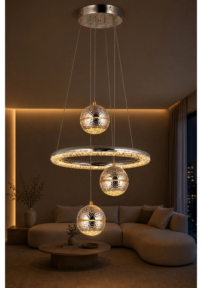 3'lü Krom Modern Premium 3 Renkli Ledli Sarkıt Avizesi Salon Mutfak Çocuk Odası Şık Modelleri 84w Beyaz