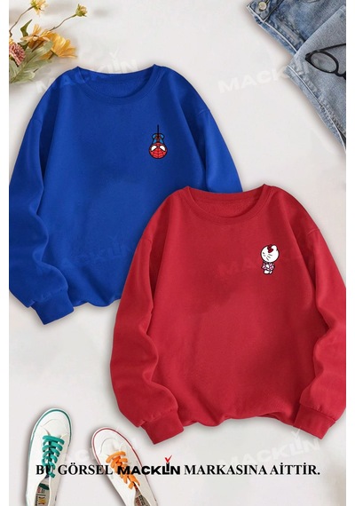 Macklin Sevgili Çift Kombin Hello Kitty Spiderman Göğüs Baskılı Bisiklet Yaka Sweatshirt 2li Set Takım Mavi Kırmızı Mck1386 Çok Renkli