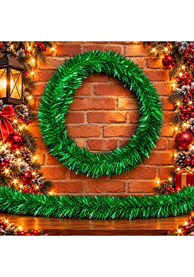5 Metre Yeşil Garland Yeşil Çam Dalı 6 Cm Çap Yılbaşı Garlandı Parlak Metalik Dekor İnce Garland