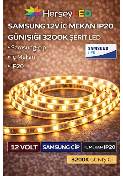 Samsung Şerit Led 12v 2835/60 Ledli Günışığı İç Mekan Ip20 5 Metre/ Paket