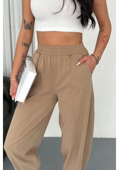 Meine Liebe Unterwäsche Kadın Pamuklu Bel Lastikli Dikiş Detaylı Camel Gabardin Kumaş Pantolon Camel
