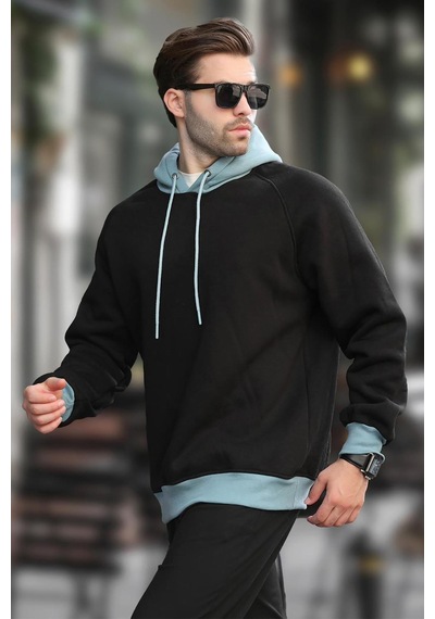 Madmext Siyah Renk Bloklu Kapüşonlu Sweatshirt 7073 Siyah
