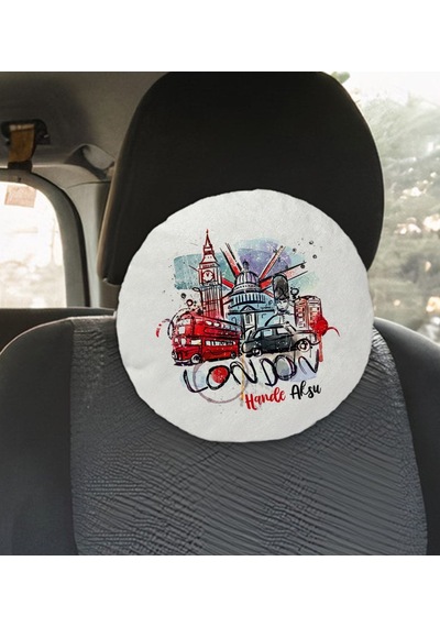 Bk Gift Kişiye Özel İsimli London Tasarımlı Yuvarlak Araç Koltuk Yastığı-1