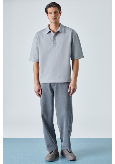 Grimelange Jucka Erkek Kısa Kollu Çıtçıt Kapamalı Oversize Fit Polo Yaka Gri T-shirt Gri