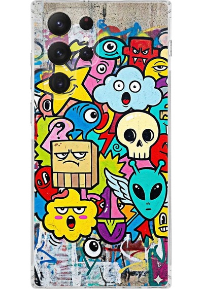 Samsung Galaxy S22 Ultra İle Uyumlu Grafiti Doodle Tasarımlı Şeffaf Silikon Kılıf Şeffaf