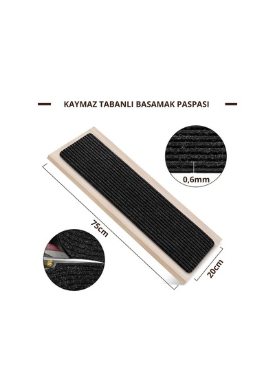 Kare Kaymaz Tabanlı Ve Yıkanabilir Merdiven Basamak Halısı - Siyah / Adet Olarak Satılır Antrasıt