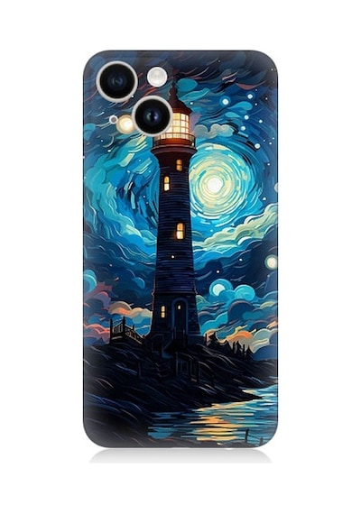 Apple Uyumlu iPhone 13 Ay Işığında Yalnız Deniz Feneri Desenli Silikon Kılıf