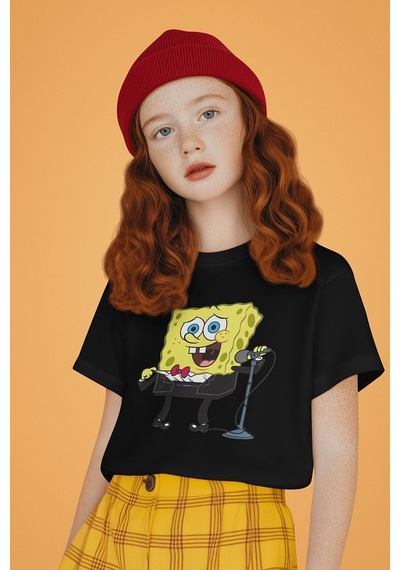 Sevbano Sunucu Süngerbob Baskılı Unisex Çizgi Film Çocuk Tişört 1-12 Yaş SIYAH