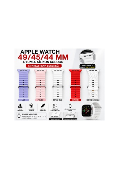 Apple Watch 49/45/44 Mm Uyumlu Silikon Kordon Kayış Ultra 2, Ultra, Series 10/9/8/7/6/5/4/se Uyumlu 5 Renk Seçeneği Mor - 907214134