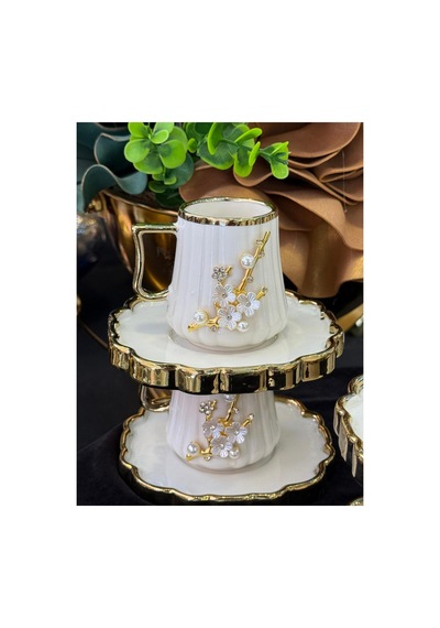 6 Kişilik Gold İnci Taşlı Yeni Seri Kahve Fincan Takımı Beyaz