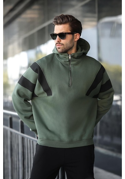Madmext Haki Fermuarlı Yaka Kapüşonlu Erkek Sweatshirt E7161 Haki