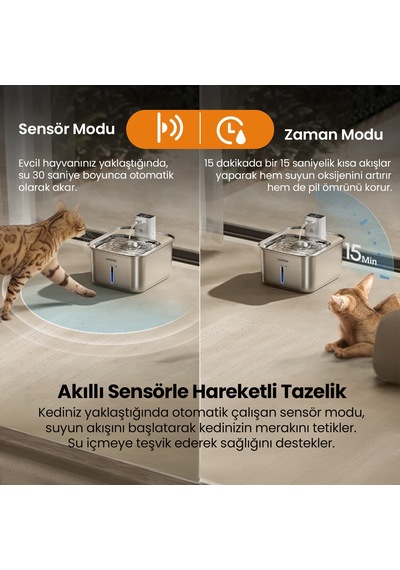 Haustier Wf08 Otomatik Kablosuz Kedi Su Pınarı, Sensörlü , Bataryalı , Ultra Sessiz, Çelik , 3lt Hazne