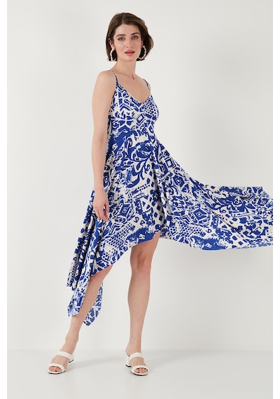 Lela Desenli Asimetrik Kesim Regular Fit Midi Boy Askılı Bayan Elbise 5866126 Saks
