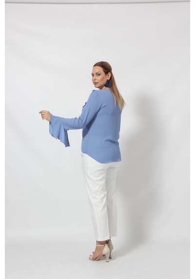 Moda Berray 3241-5i İndigo İspanyol Kol Boyun Bağlama Detaylı Bluz İndigo