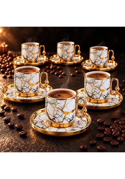 Valkyrie 12 Parça 6 Kişilik 80 Ml Türk Kahvesi Fincan Takımı Gold Mermer Desenli