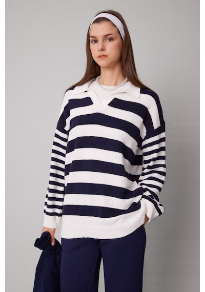 Defacto Regular Fit Çizgili Polo Yaka Tişört Tunik C2850AX24SPNV243 Lacivert