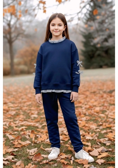 Koçak Kids Gömlek Desenli Lacivert Renk Kız Çocuk Takım Krem