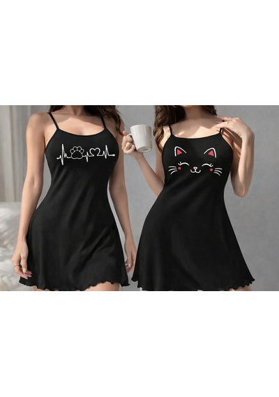 Sebalma Fashion Kadın Siyah Kedi Ve Pati Baskılı İnce Askılı Mini Gecelik Seti - Pamuklu Rahat Ev Elbisesi Siyah Sebalma Fashion Kadın Siyah Kedi Ve Pati Baskılı İnce Askılı Mini Gecelik Seti - Pamuklu Rahat Ev Elbisesi Siyah