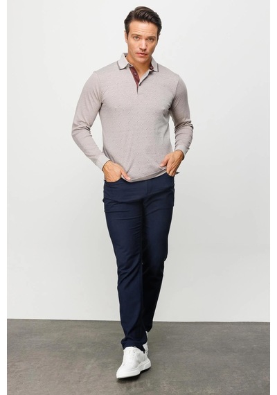 Desen Triko Erkek Polo Yaka Kare Desenli Uzun Kollu Sweatshirt Bej Bej
