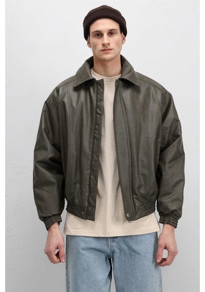 Vamos Oversize Deri Bomber Ceket Haki
