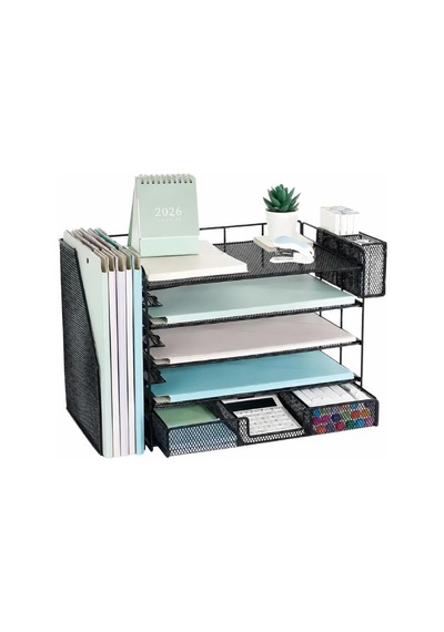 Temel Siyah Metal Mesh 4 Katlı Masaüstü Organizer Dosyalık Çekmeceli Kalemlikli 34.5x22x30 Cm 9209
