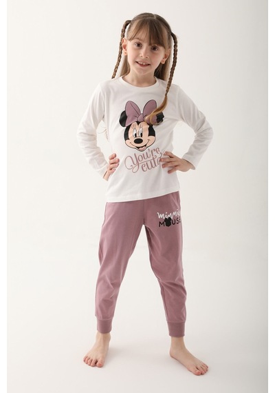 Minnie Mouse Krem Kız Çocuk Uzun Kol Pijama Takım Krem