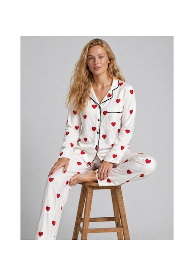 Rindahomewear Kadın Viskon Düğmeli Pijama Takımı Beyaz2
