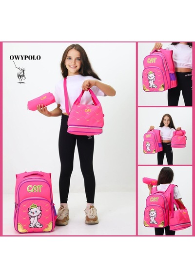 Kız Çocuk Cat Temalı 3'li Okul Ve Beslenme Çantası Seti Pembe & Sevimli Kedi Desenli Yeni Sezon Pembe