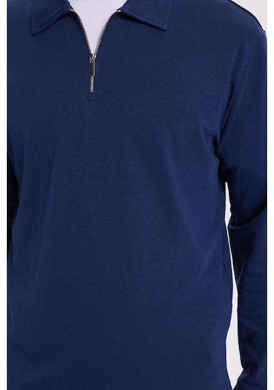 Tudors Erkek Relax Fit Rahat Kesim %100 Pamuk Yarım Fermuarlı Polo Yaka İnterlok Lacivert Sweatshirt-42169 Lacivert
