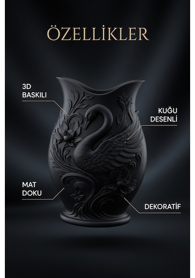 Kuğu Desenli Dekoratif Vazo 15 Cm 3d Baskılı Mat Dokulu Şık Masa Ve Raf Dekoru Siyah