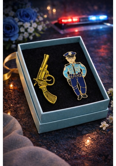 Polis Temalı Broş Seti Gold Tabanca Ve Polis Rozet Pin Özel Hediye Kutulu Anlamlı Tasarım Renkli