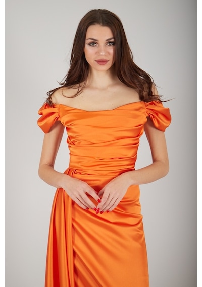 Ardanewline Feminist Oranj Drape Detaylı Saten Kumaş Abiye Elbise 9704858.24