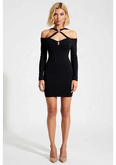 Benerly Kadın Mini Astarlı Carmen Yaka Uzun Kollu Bodycon Örme Elbise Alt Siyah