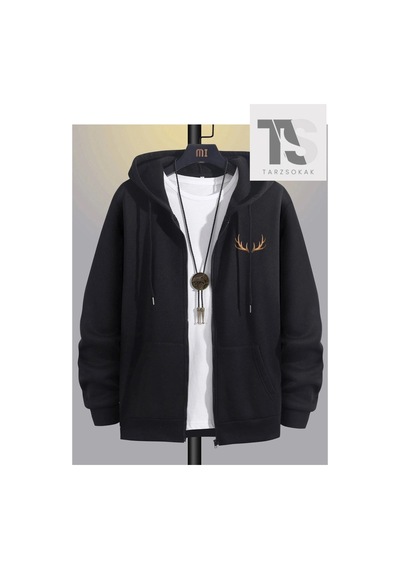 Tarzsokak Geyik Boynuz Sweatshirt Fermuarlı Hırka Siyah