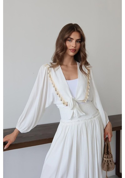 Neşeli Butik Kadın Püskül Detaylı Yırtmaçlı Bohem Takım Nbnp015 beyaz