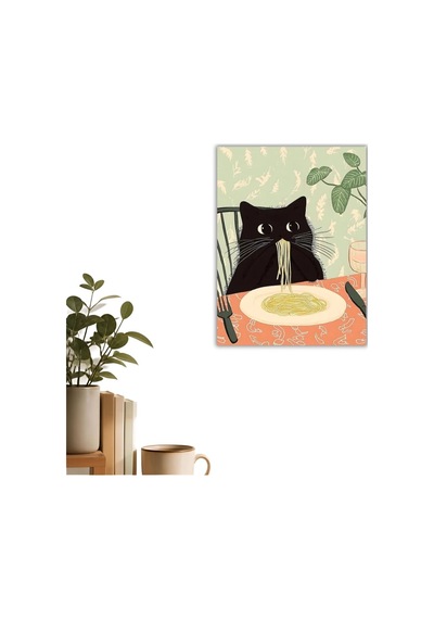 Makarna Yiyen Siyah Kedi İllüstrasyon Poster - Komik Mutfak Duvar Dekoru