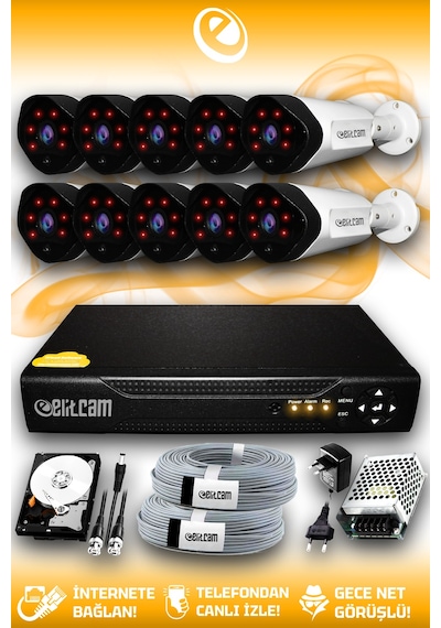 Elitcam 10 Kameralı Uzay 10 Dış Kamera Set 1 TB HDD Full HD Gece Görüşlü Güvenlik Kamerası Sistemi