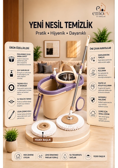 Tekerlekli Ve Çekme Kollu Döner Başlıklı Mop Seti - Paslanmaz Çelik Sepetli, Sıvı Sabunluklu & Su Tahliye Tapalı Temizlik Kovası