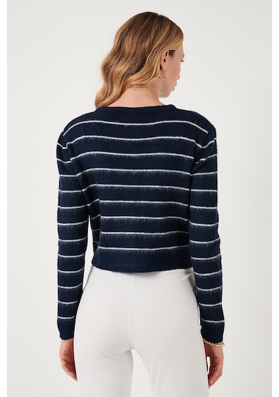 Lela Standart Fit Çizgili Yumuşak Dokulu Crop Triko Bayan Hırka 4615551 Lacivert