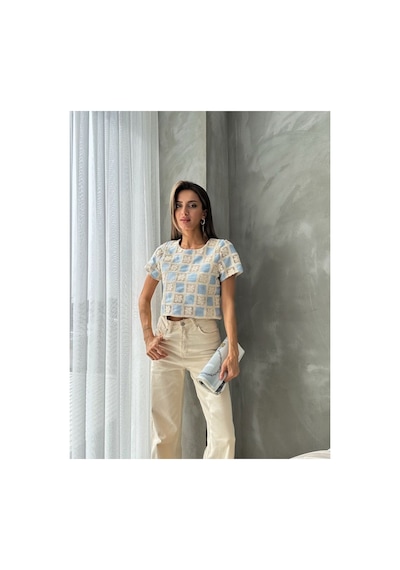 Verymoda Kısa Kollu Dama Desen Tiğişi Bluz D2619 Ham Mavi