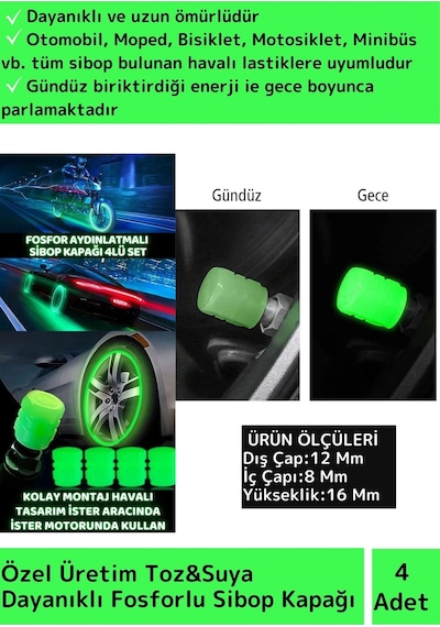 Premium Fosforlu Yeşil Sibop Kapağı Otomobil Bisiklet Motosiklet, Minibüslerle Uyumlu 4'lü